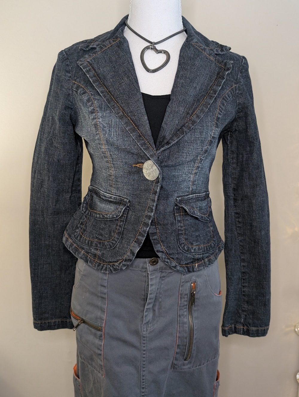 Y2K Dark Denim Tailored Blazer Jacket With Big Button